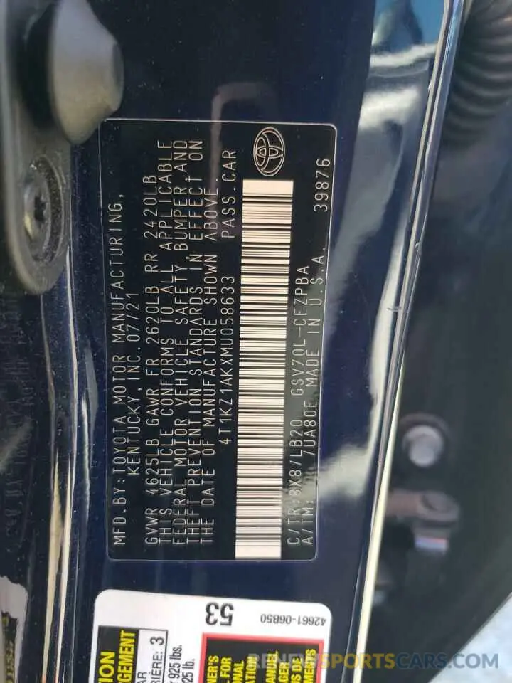 13 fotografías del automóvil dañado 4T1KZ1AKXMU058633 TOYOTA CAMRY 2021