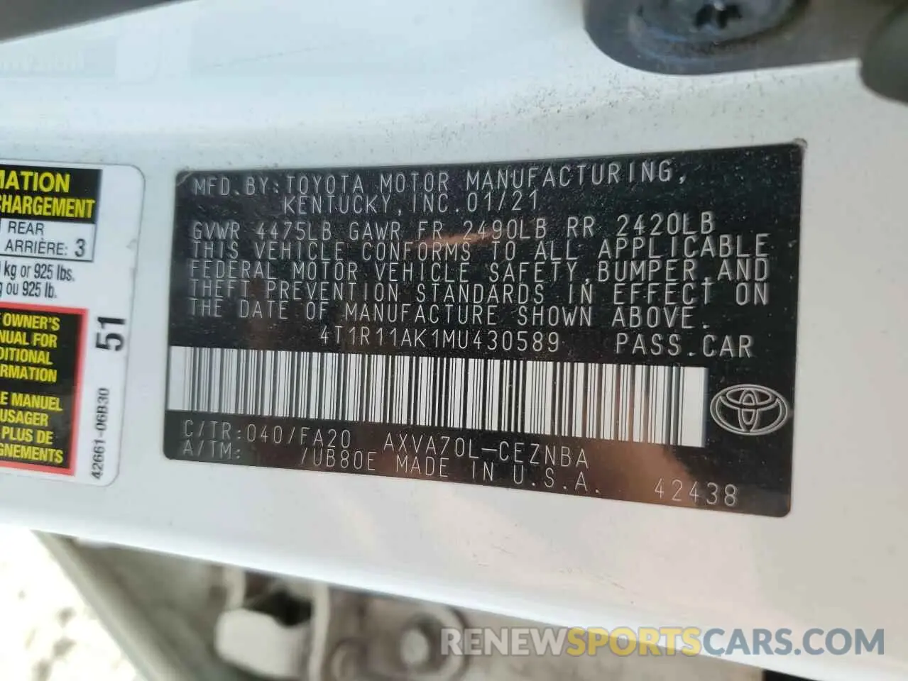 12 fotografías del automóvil dañado 4T1R11AK1MU430589 TOYOTA CAMRY 2021