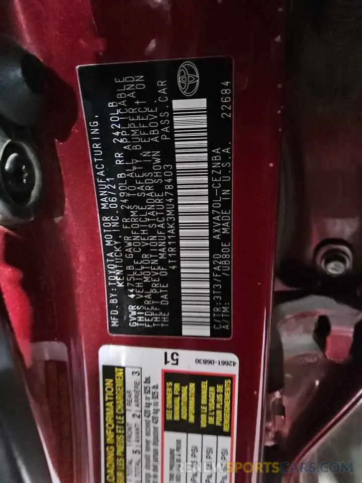 13 fotografías del automóvil dañado 4T1R11AK3MU478403 TOYOTA CAMRY 2021