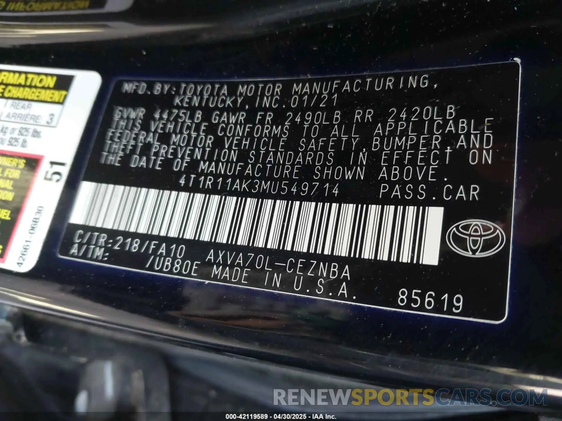 9 fotografías del automóvil dañado 4T1R11AK3MU549714 TOYOTA CAMRY 2021