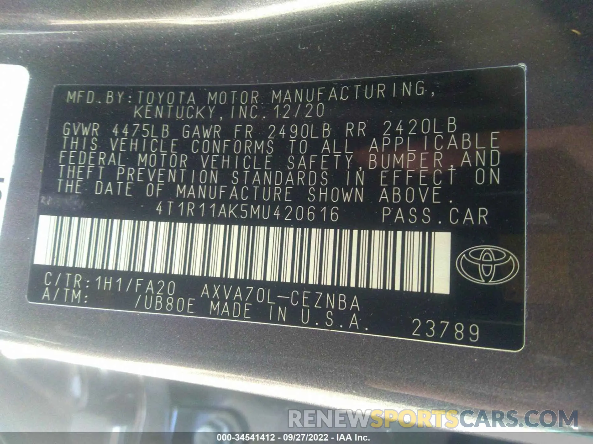 9 fotografías del automóvil dañado 4T1R11AK5MU420616 TOYOTA CAMRY 2021