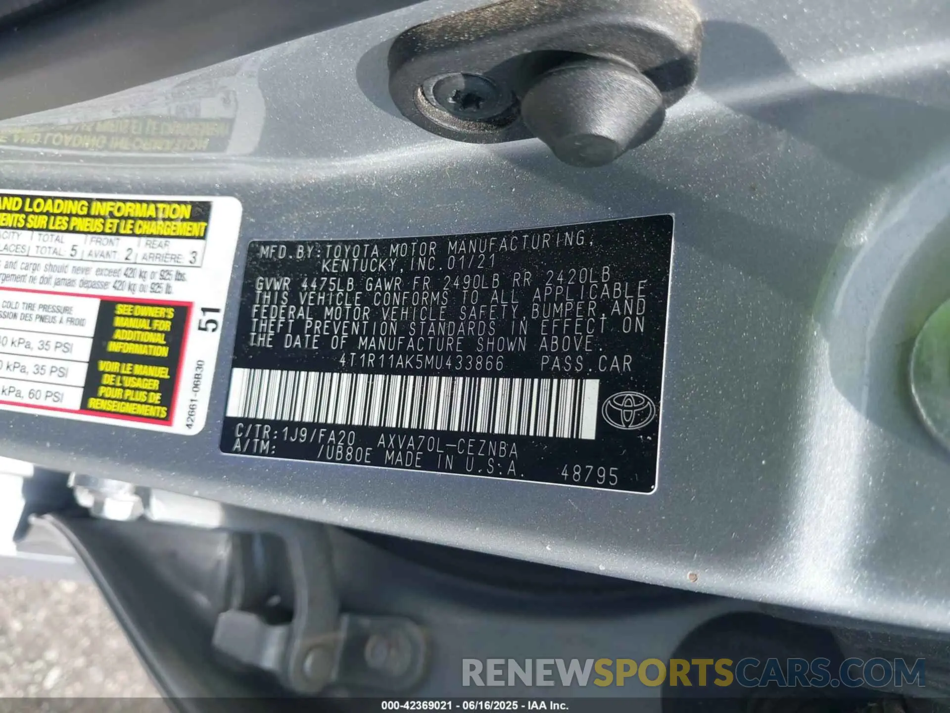 9 fotografías del automóvil dañado 4T1R11AK5MU433866 TOYOTA CAMRY 2021