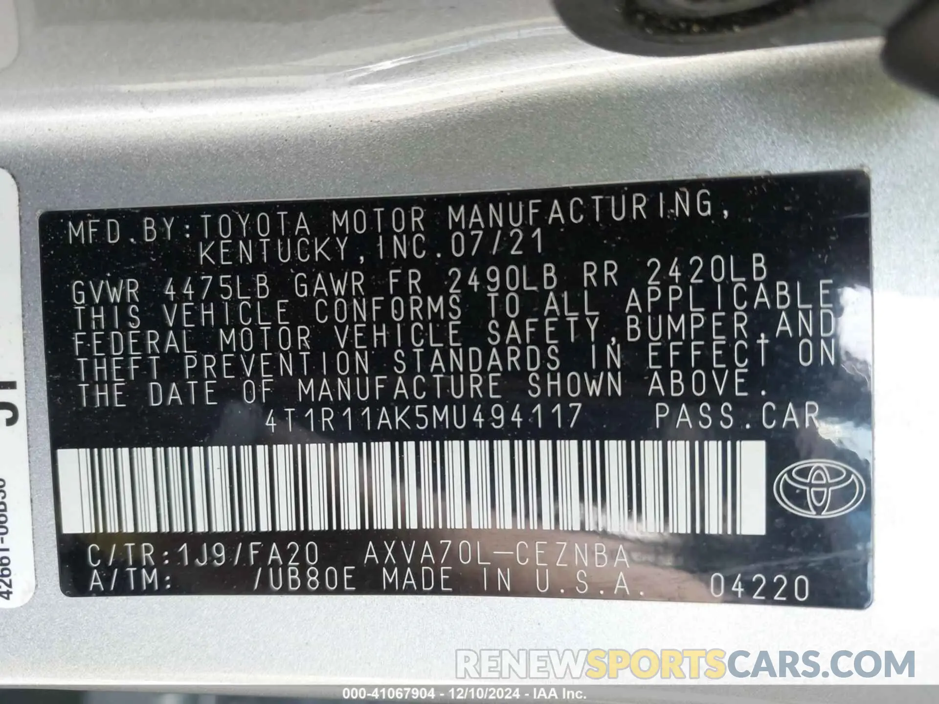 9 fotografías del automóvil dañado 4T1R11AK5MU494117 TOYOTA CAMRY 2021