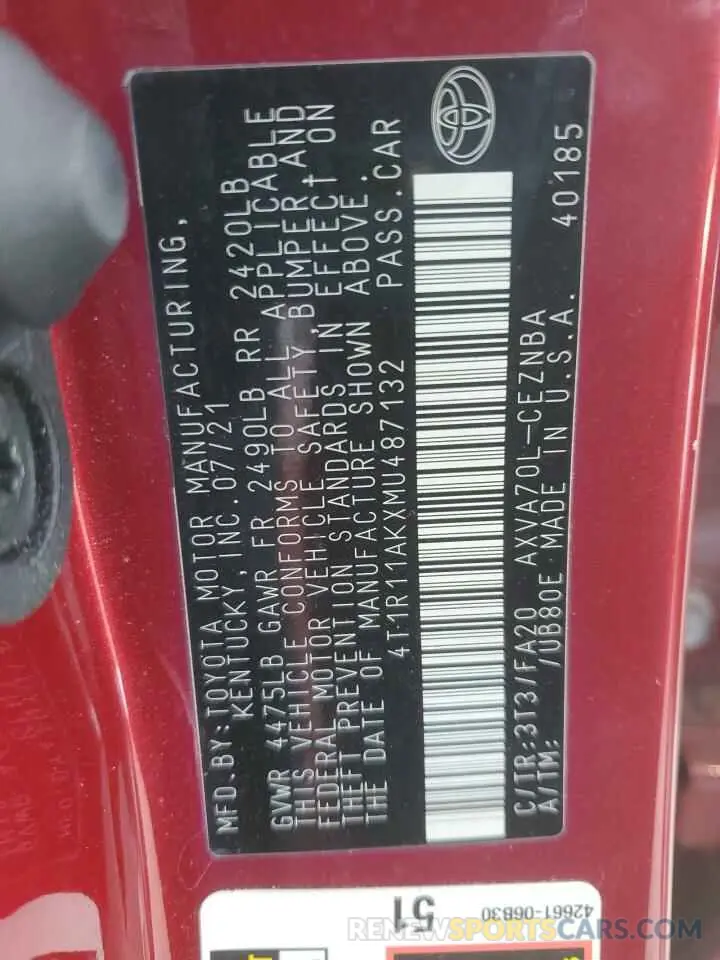 12 fotografías del automóvil dañado 4T1R11AKXMU487132 TOYOTA CAMRY 2021
