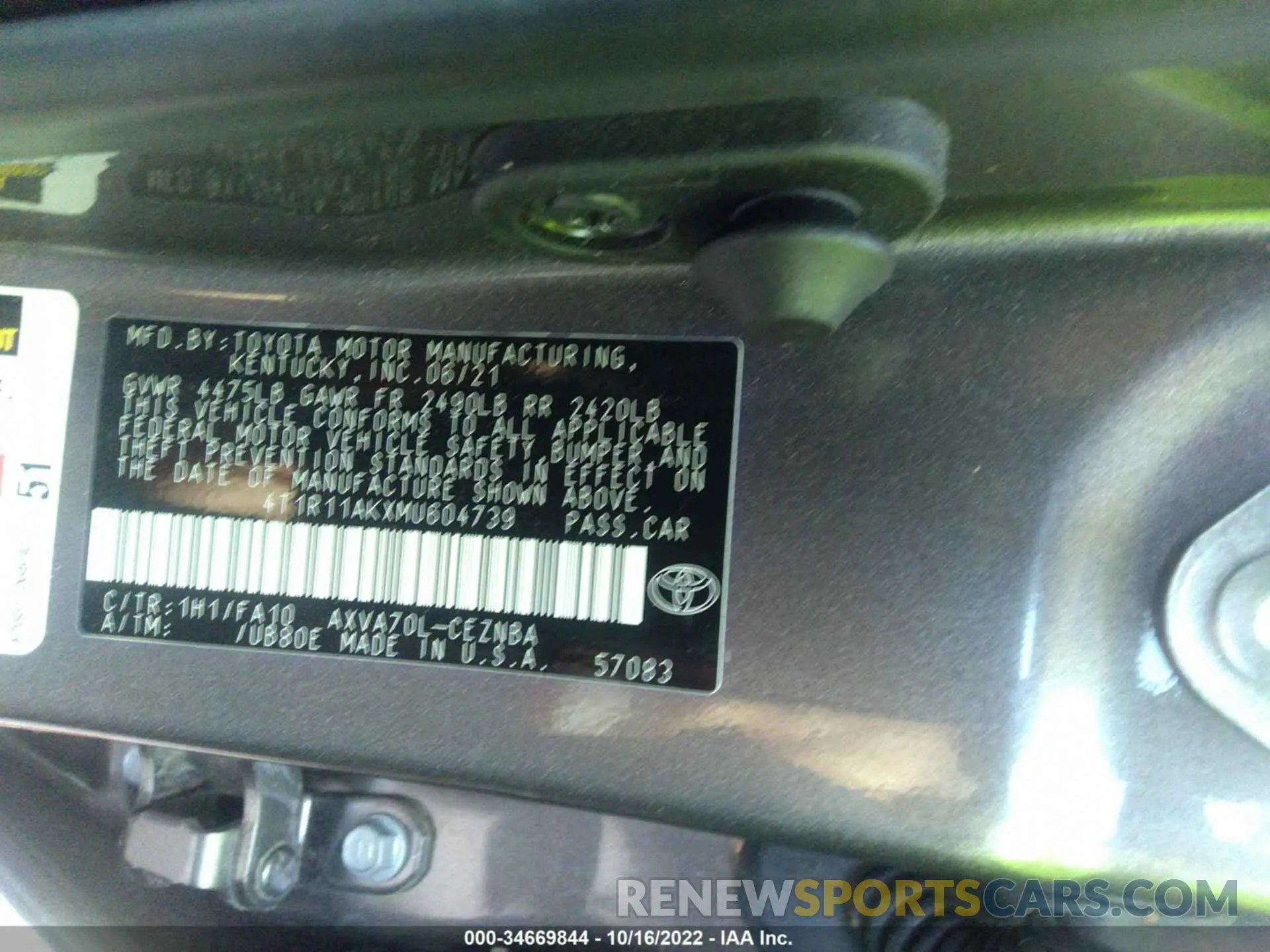 9 fotografías del automóvil dañado 4T1R11AKXMU604739 TOYOTA CAMRY 2021