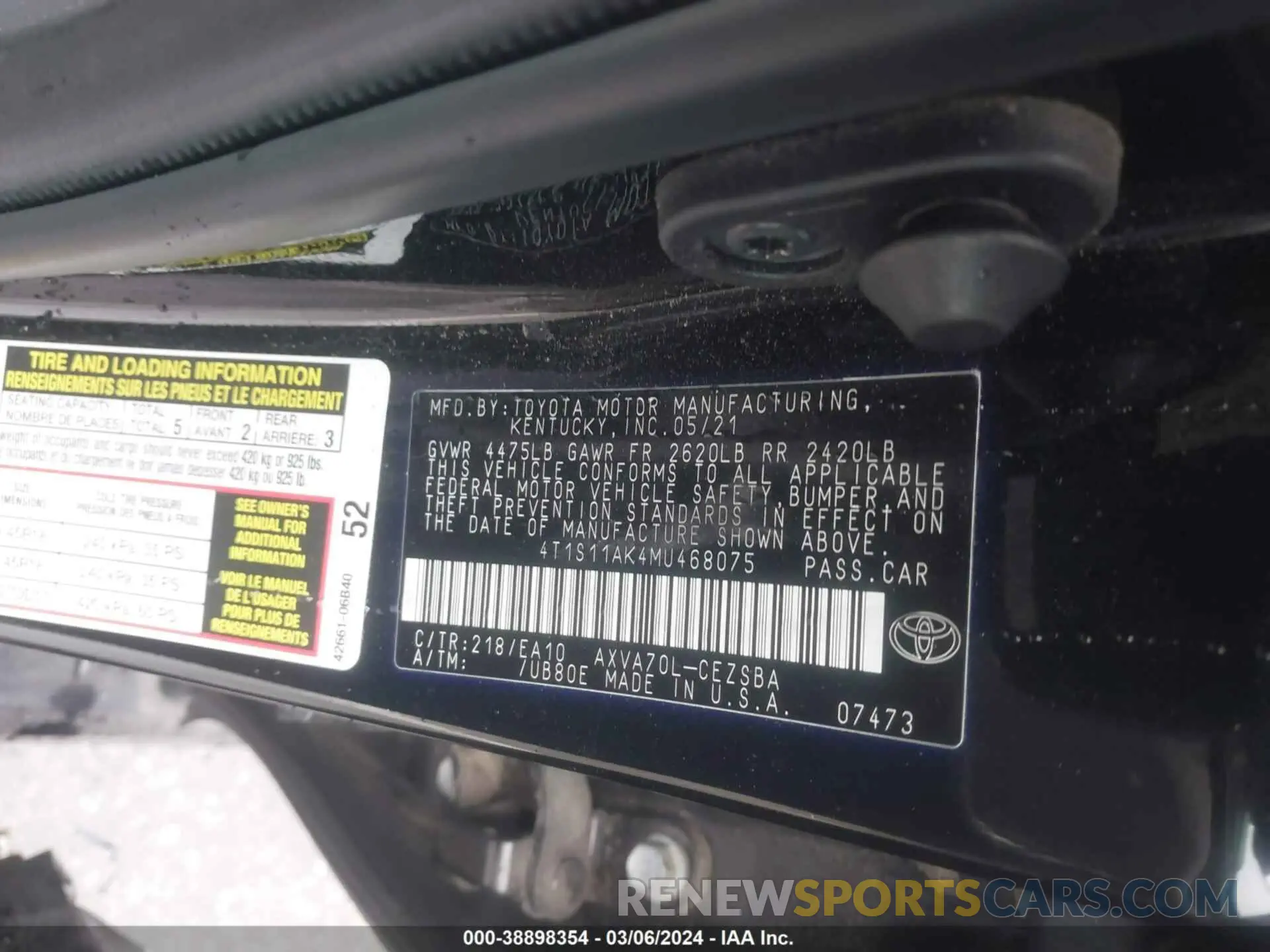 9 fotografías del automóvil dañado 4T1S11AK4MU468075 TOYOTA CAMRY 2021