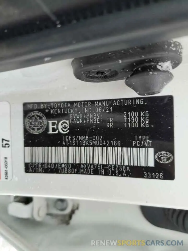 12 fotografías del automóvil dañado 4T1S11BK5MU042166 TOYOTA CAMRY 2021