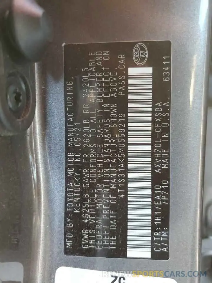 14 fotografías del automóvil dañado 4T1S31AK5MU559219 TOYOTA CAMRY 2021