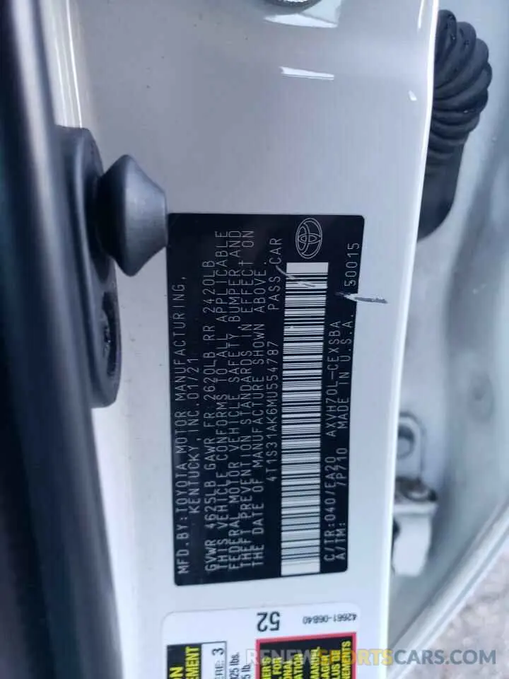 12 fotografías del automóvil dañado 4T1S31AK6MU554787 TOYOTA CAMRY 2021