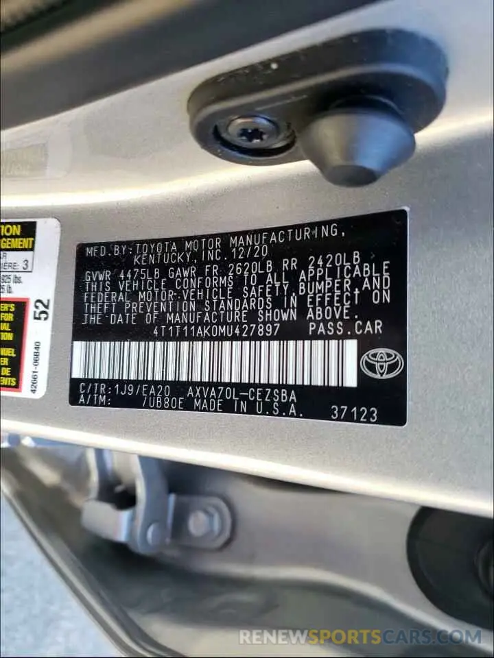 10 fotografías del automóvil dañado 4T1T11AK0MU427897 TOYOTA CAMRY 2021