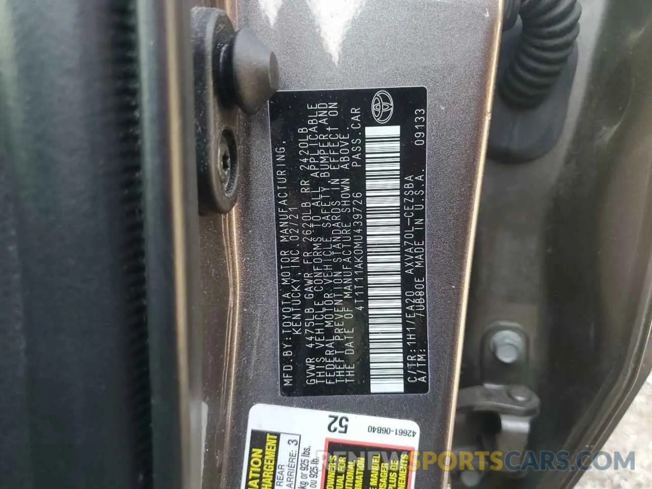 12 fotografías del automóvil dañado 4T1T11AK0MU439726 TOYOTA CAMRY 2021