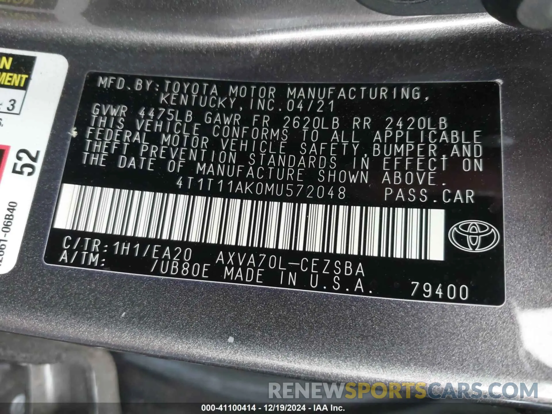 9 fotografías del automóvil dañado 4T1T11AK0MU572048 TOYOTA CAMRY 2021