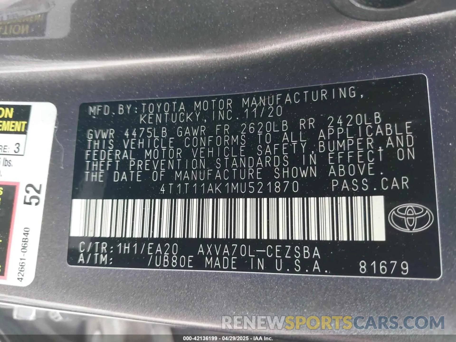 9 fotografías del automóvil dañado 4T1T11AK1MU521870 TOYOTA CAMRY 2021