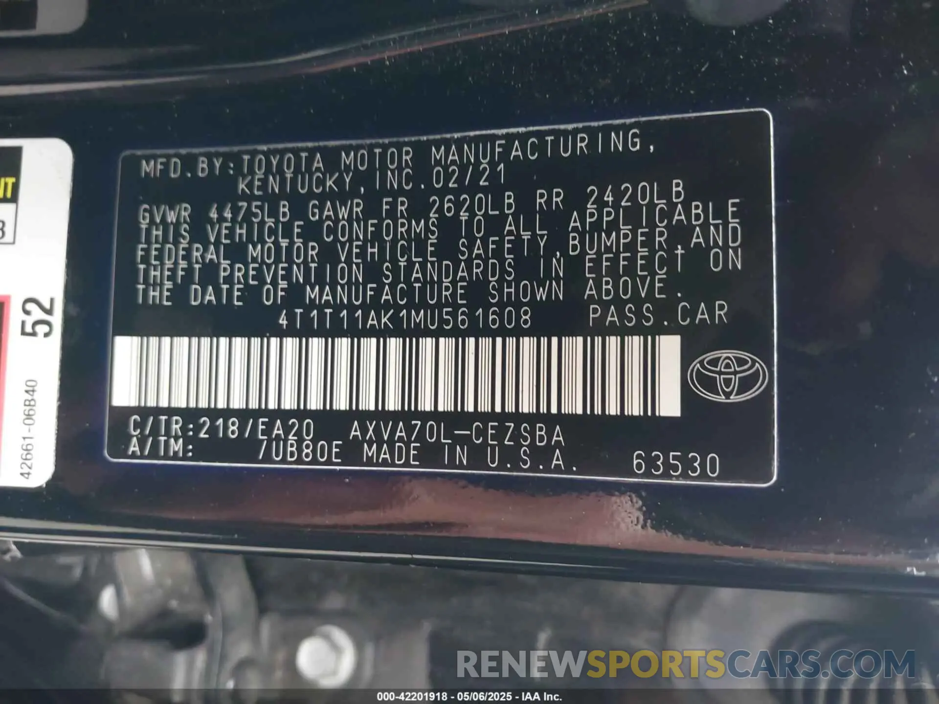 9 fotografías del automóvil dañado 4T1T11AK1MU561608 TOYOTA CAMRY 2021