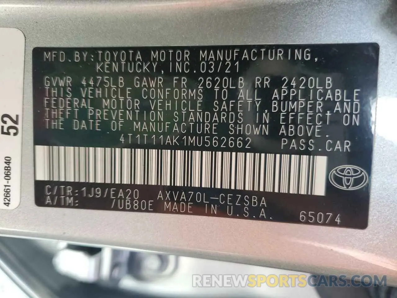 12 fotografías del automóvil dañado 4T1T11AK1MU562662 TOYOTA CAMRY 2021