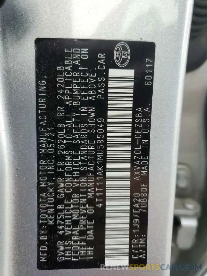 13 fotografías del automóvil dañado 4T1T11AK1MU585049 TOYOTA CAMRY 2021
