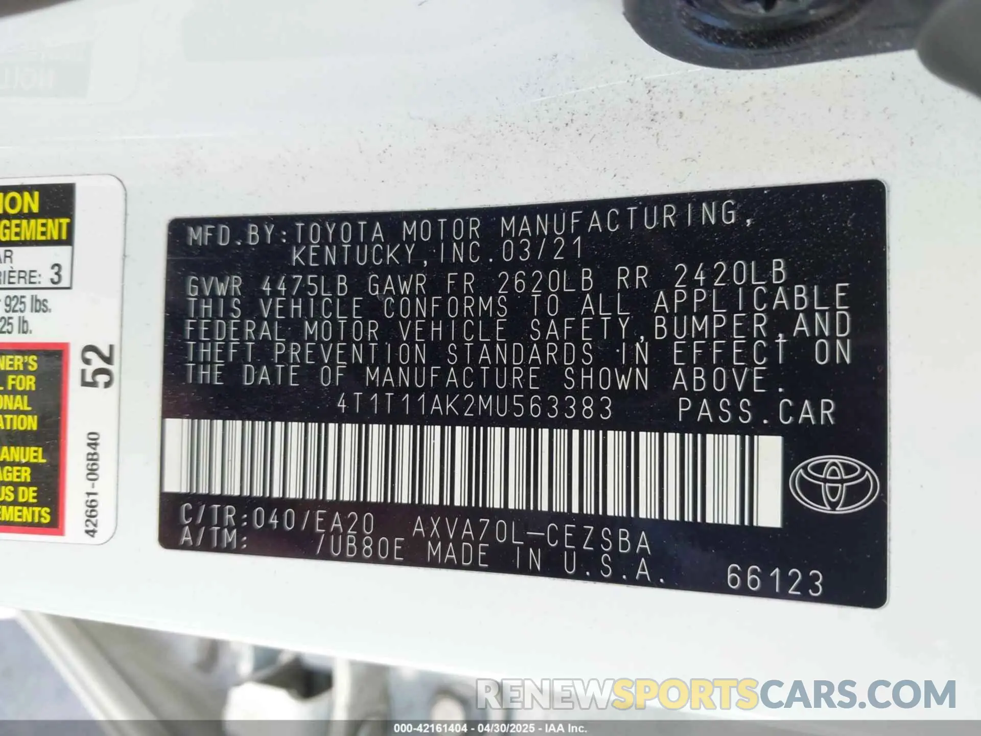 9 fotografías del automóvil dañado 4T1T11AK2MU563383 TOYOTA CAMRY 2021