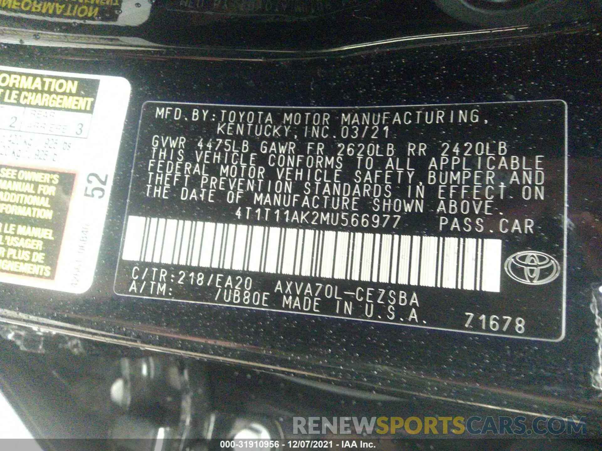 9 fotografías del automóvil dañado 4T1T11AK2MU566977 TOYOTA CAMRY 2021