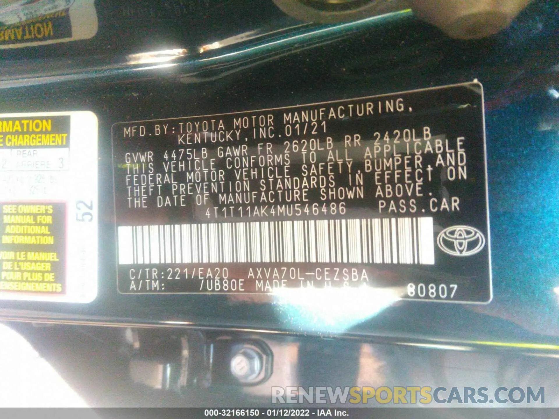 9 fotografías del automóvil dañado 4T1T11AK4MU546486 TOYOTA CAMRY 2021