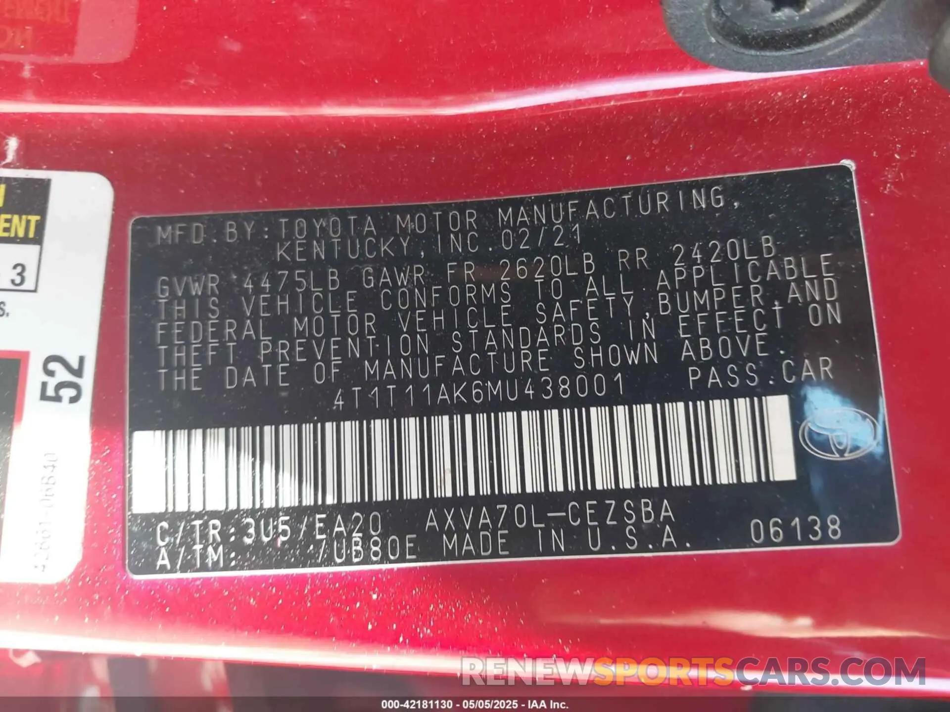 9 fotografías del automóvil dañado 4T1T11AK6MU438001 TOYOTA CAMRY 2021