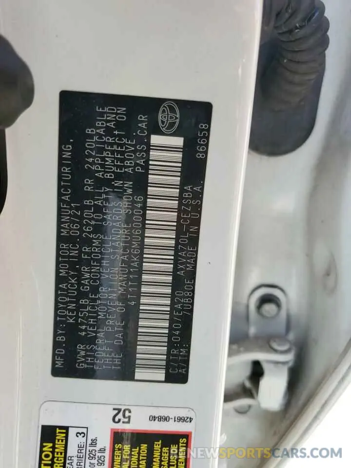 13 fotografías del automóvil dañado 4T1T11AK6MU600046 TOYOTA CAMRY 2021