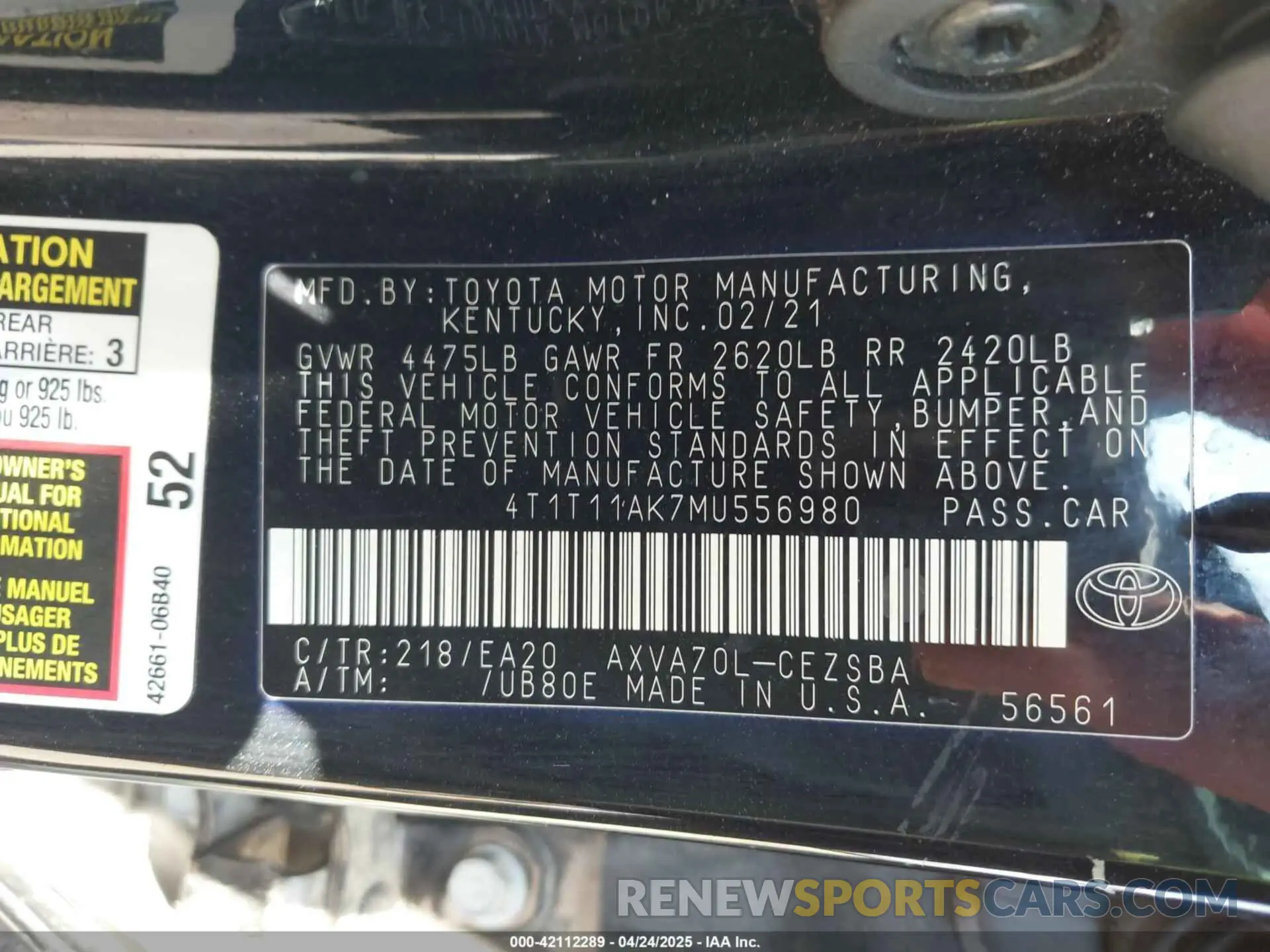 9 fotografías del automóvil dañado 4T1T11AK7MU556980 TOYOTA CAMRY 2021