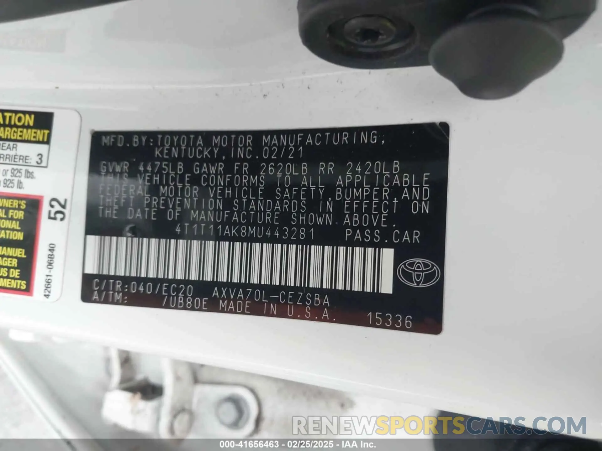 9 fotografías del automóvil dañado 4T1T11AK8MU443281 TOYOTA CAMRY 2021