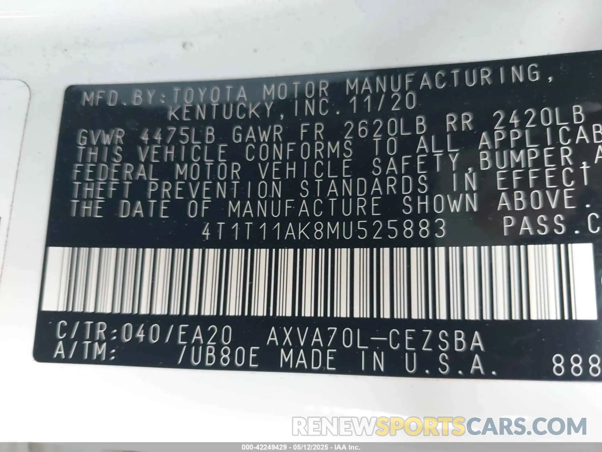 9 fotografías del automóvil dañado 4T1T11AK8MU525883 TOYOTA CAMRY 2021