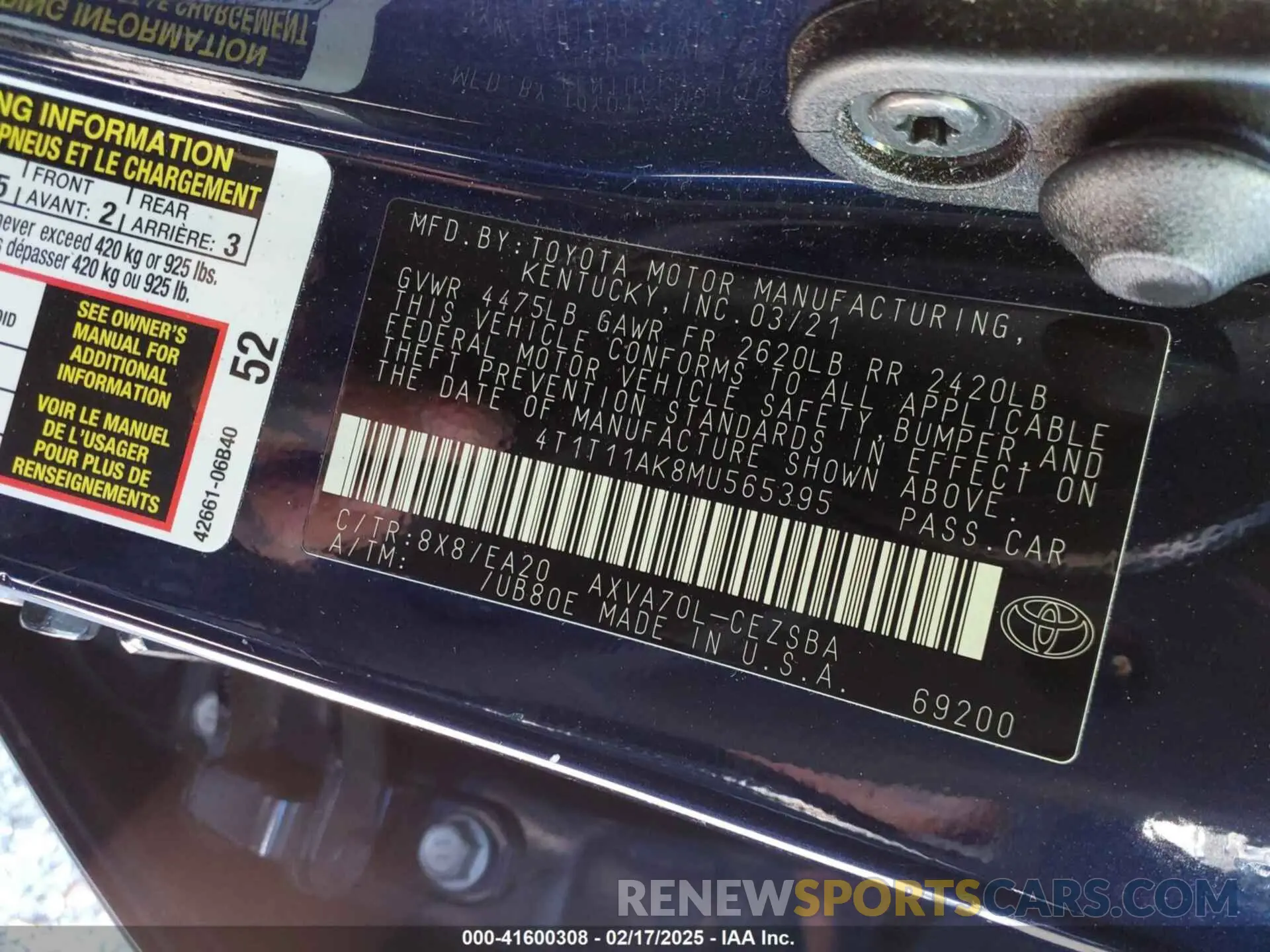 9 fotografías del automóvil dañado 4T1T11AK8MU565395 TOYOTA CAMRY 2021