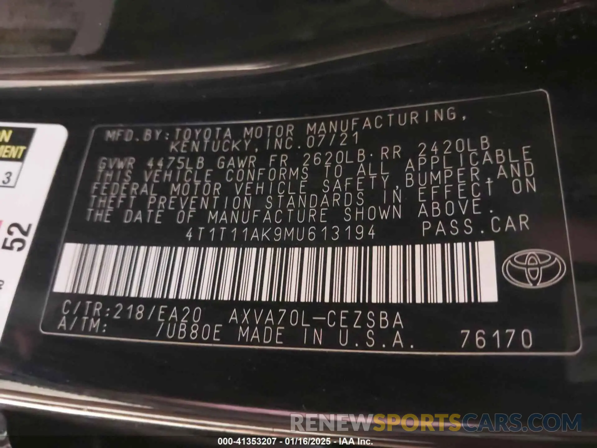 9 fotografías del automóvil dañado 4T1T11AK9MU613194 TOYOTA CAMRY 2021
