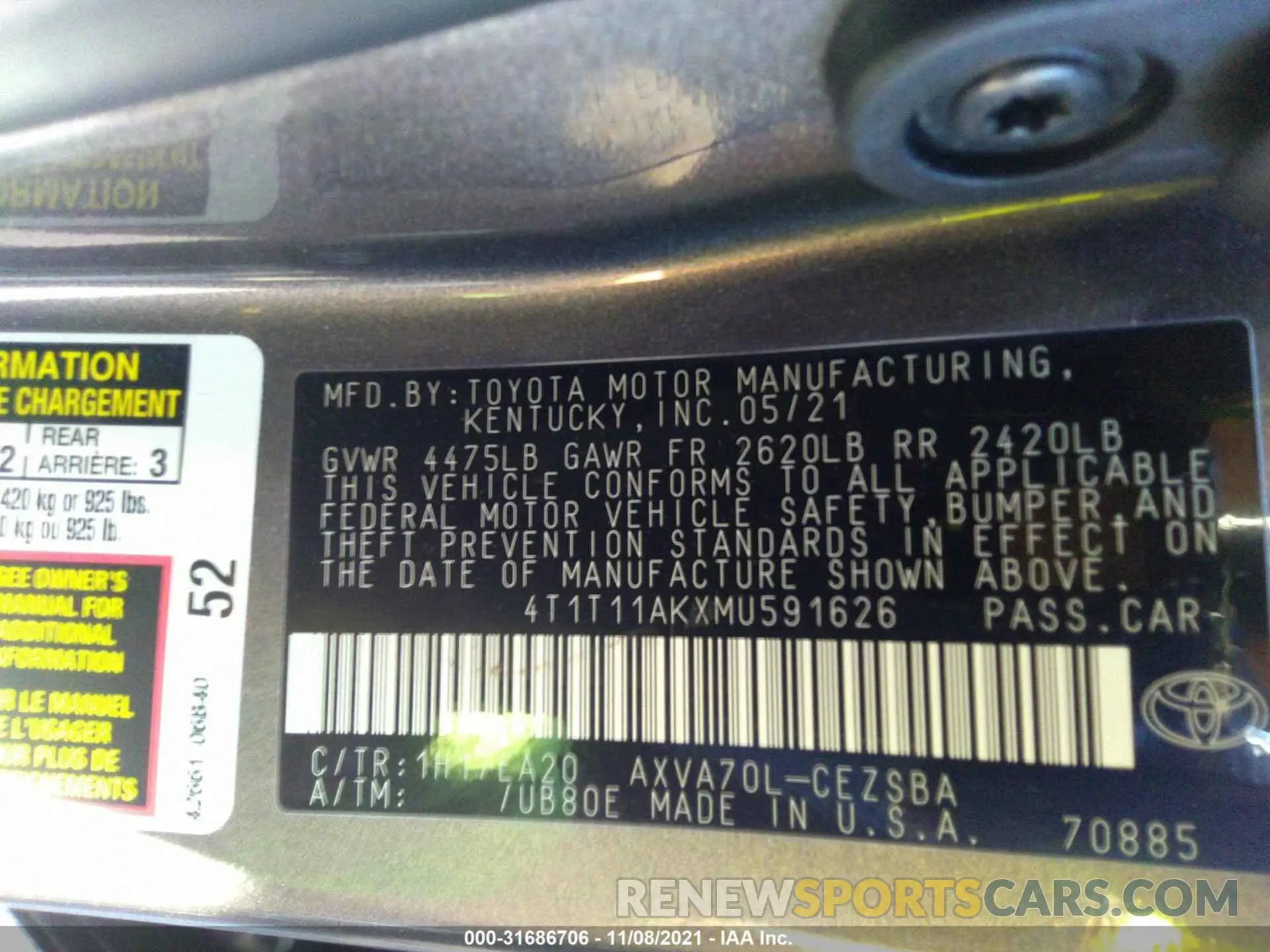 9 fotografías del automóvil dañado 4T1T11AKXMU591626 TOYOTA CAMRY 2021
