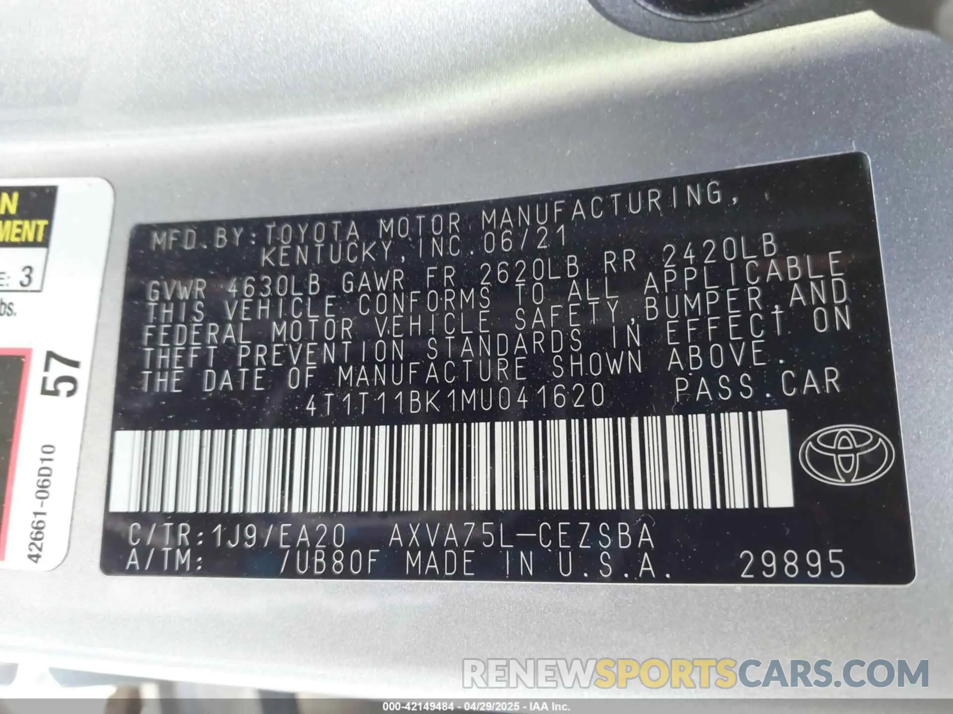 9 fotografías del automóvil dañado 4T1T11BK1MU041620 TOYOTA CAMRY 2021