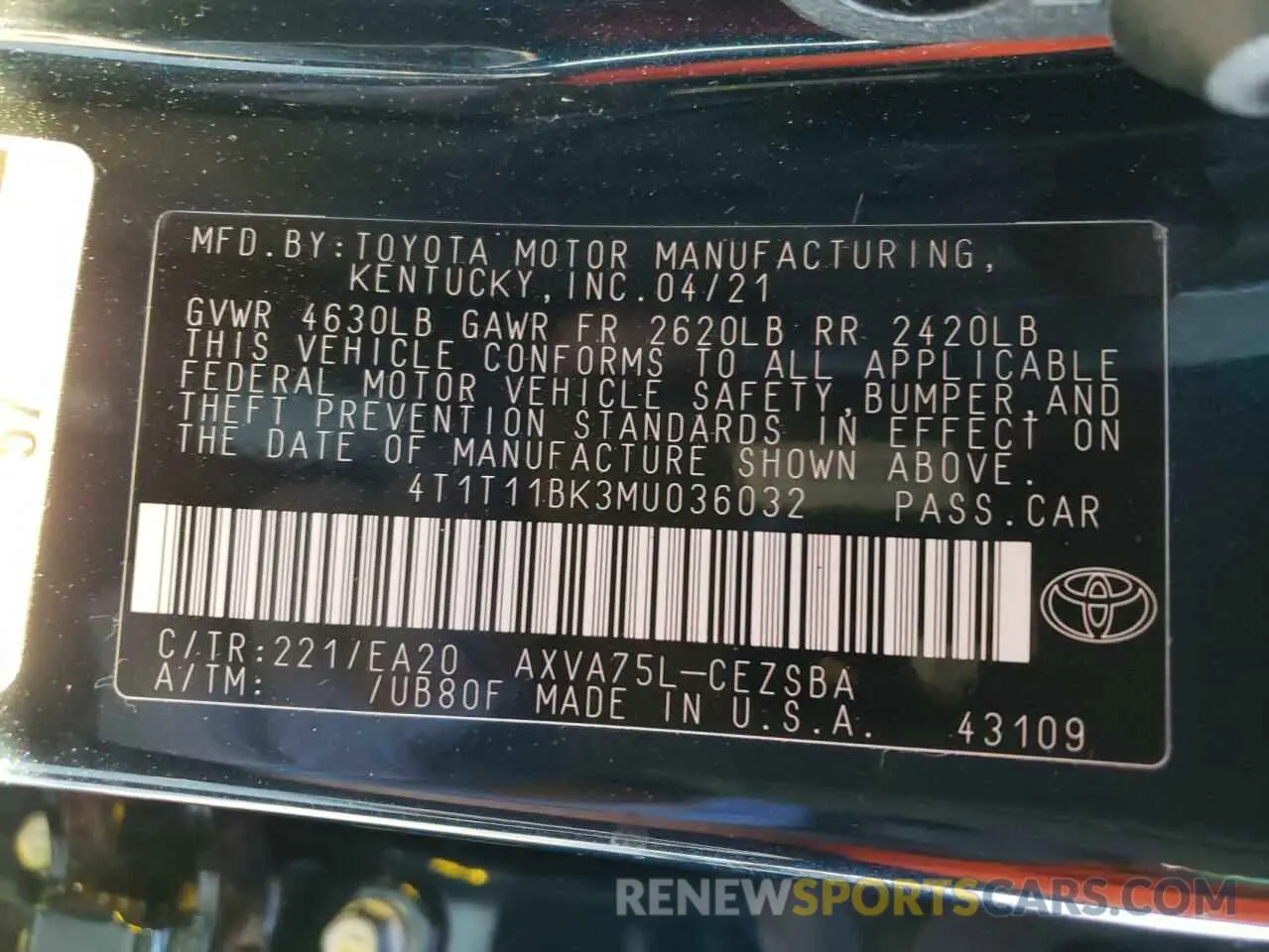 10 fotografías del automóvil dañado 4T1T11BK3MU036032 TOYOTA CAMRY 2021