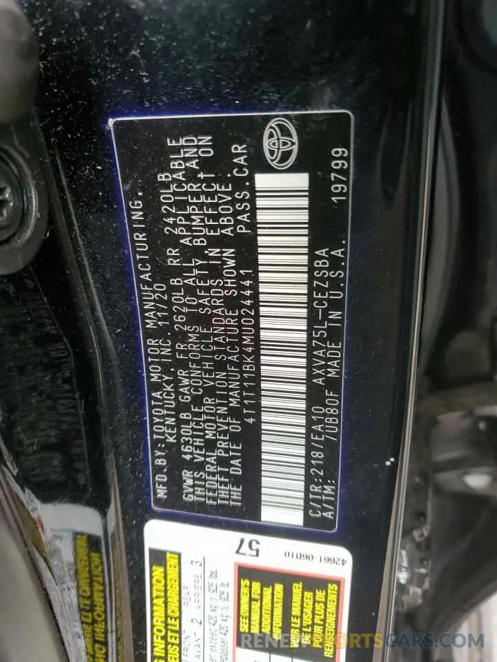 13 fotografías del automóvil dañado 4T1T11BK4MU024441 TOYOTA CAMRY 2021