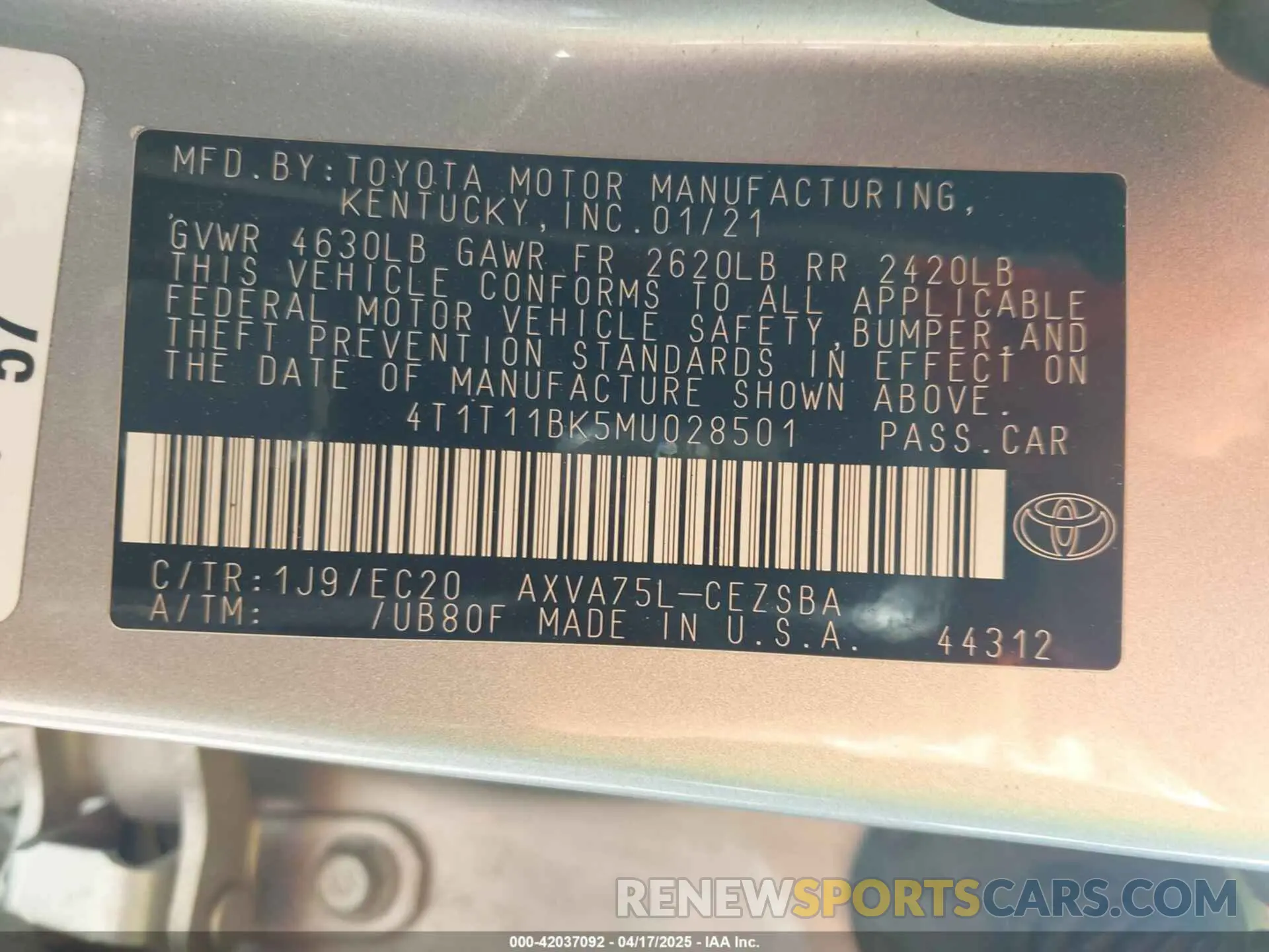 9 fotografías del automóvil dañado 4T1T11BK5MU028501 TOYOTA CAMRY 2021