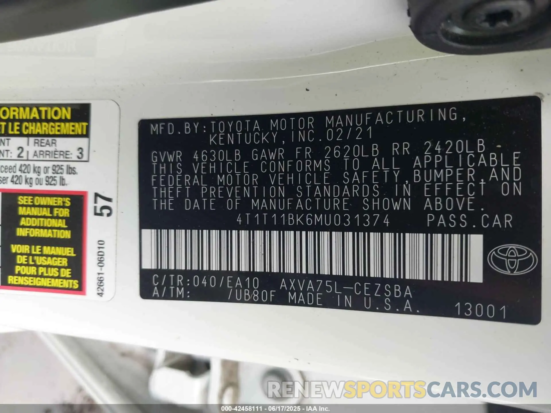 9 fotografías del automóvil dañado 4T1T11BK6MU031374 TOYOTA CAMRY 2021
