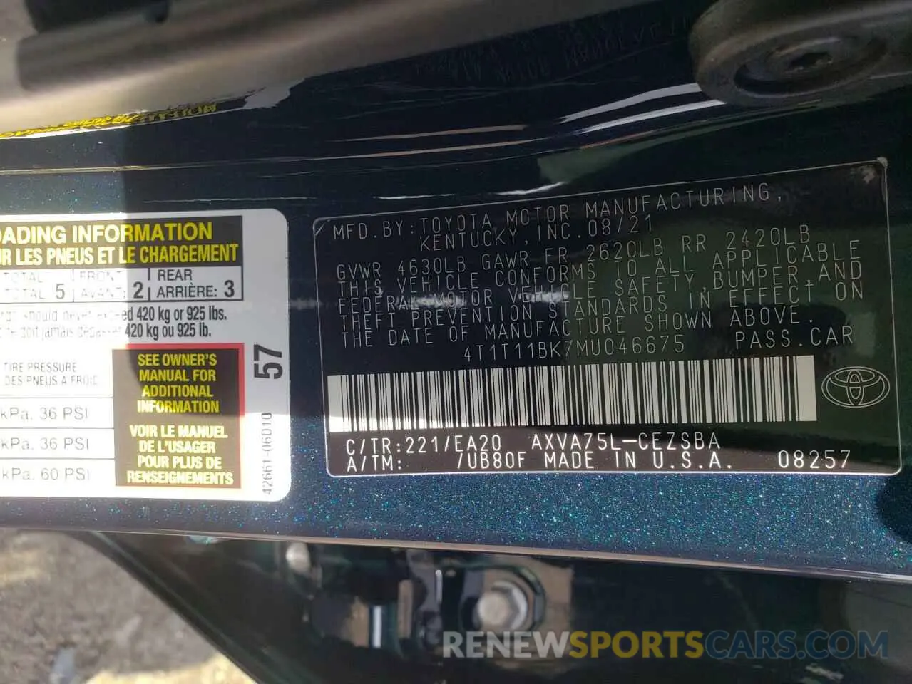 10 fotografías del automóvil dañado 4T1T11BK7MU046675 TOYOTA CAMRY 2021