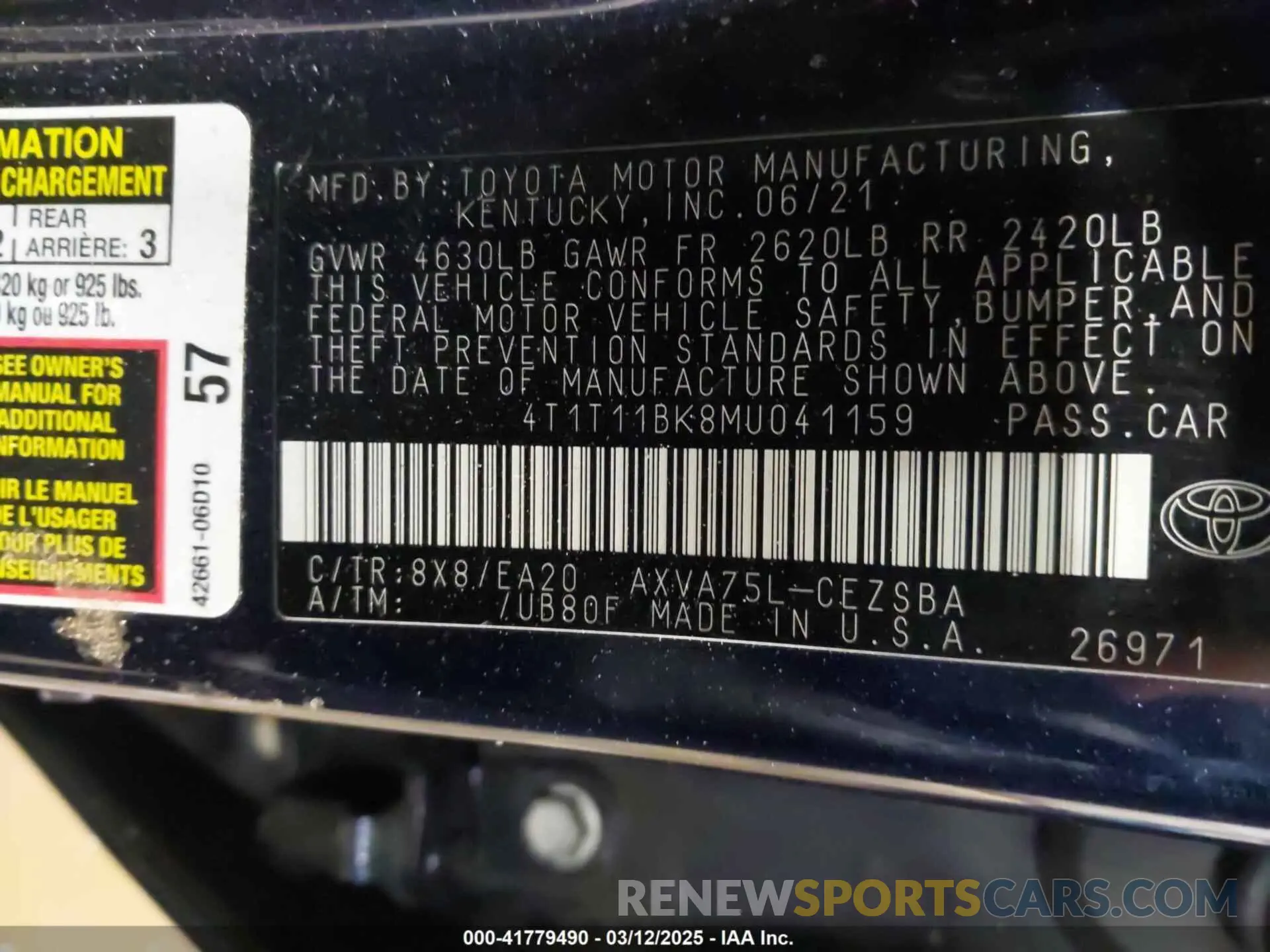 9 fotografías del automóvil dañado 4T1T11BK8MU041159 TOYOTA CAMRY 2021