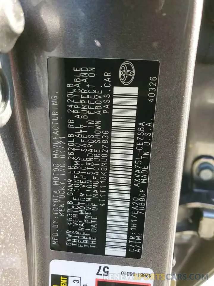 12 fotografías del automóvil dañado 4T1T11BK9MU027836 TOYOTA CAMRY 2021