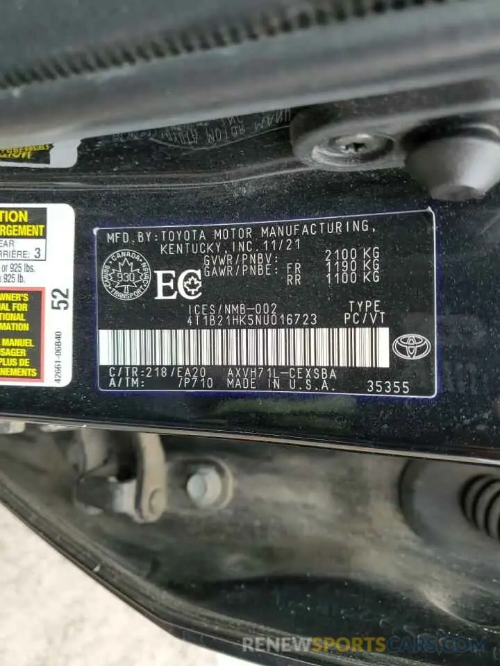 12 fotografías del automóvil dañado 4T1B21HK5NU016723 TOYOTA CAMRY 2022