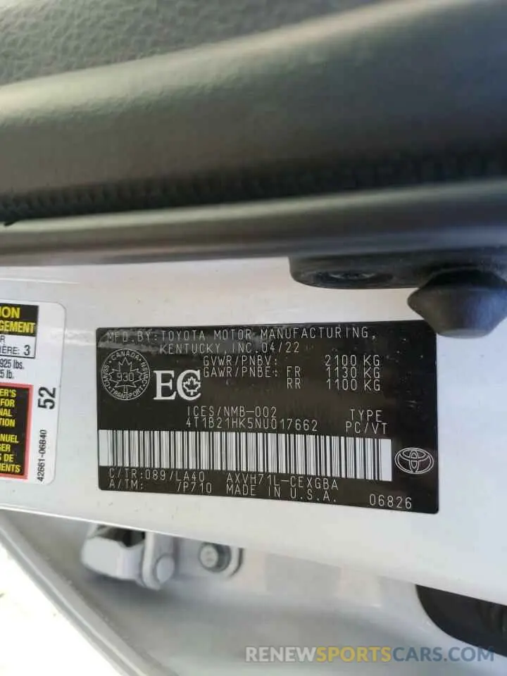 12 fotografías del automóvil dañado 4T1B21HK5NU017662 TOYOTA CAMRY 2022