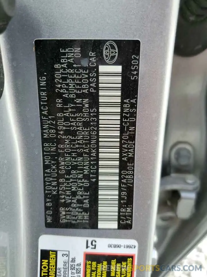 10 fotografías del automóvil dañado 4T1C11AK0NU621315 TOYOTA CAMRY 2022
