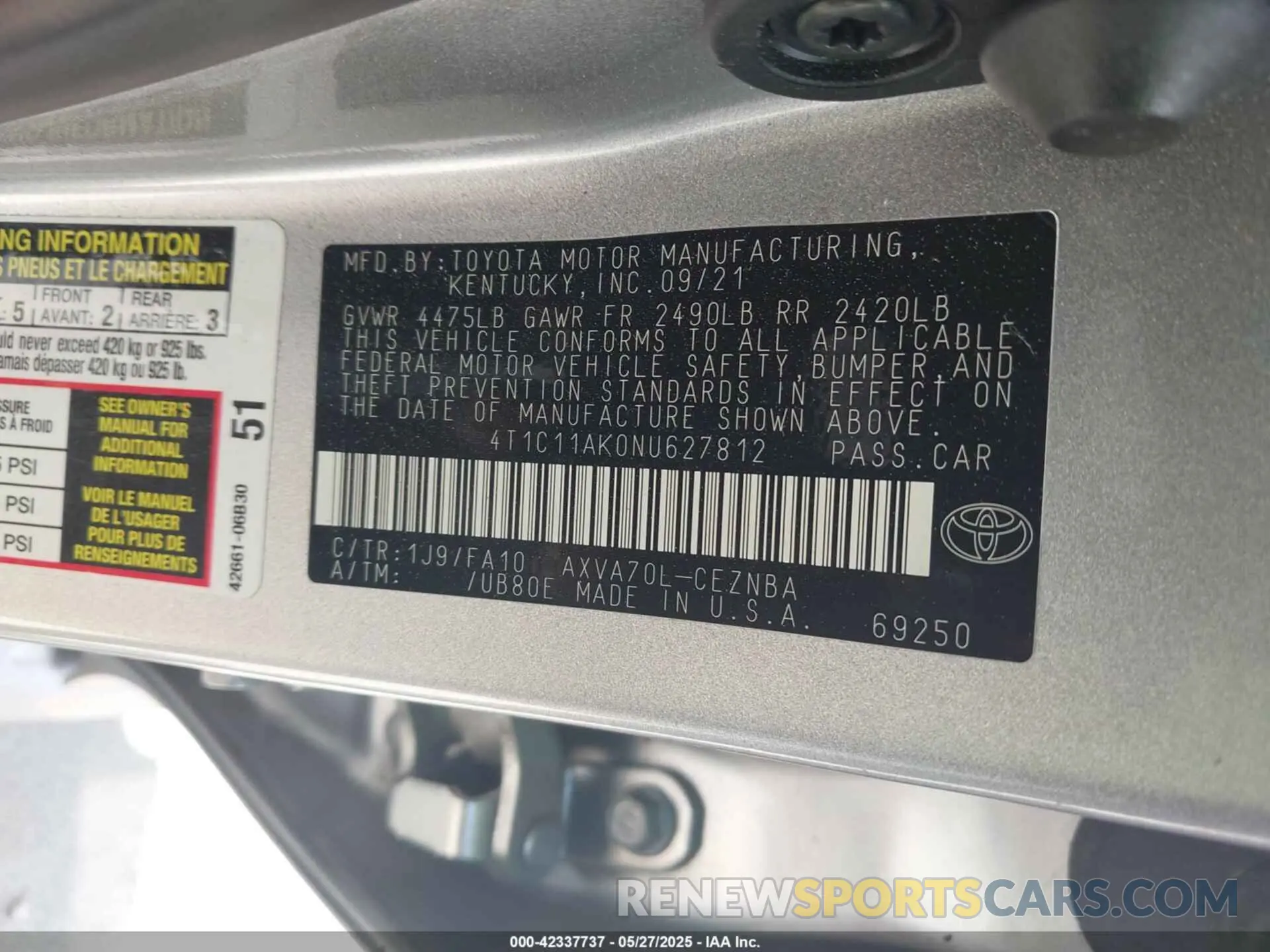 9 fotografías del automóvil dañado 4T1C11AK0NU627812 TOYOTA CAMRY 2022