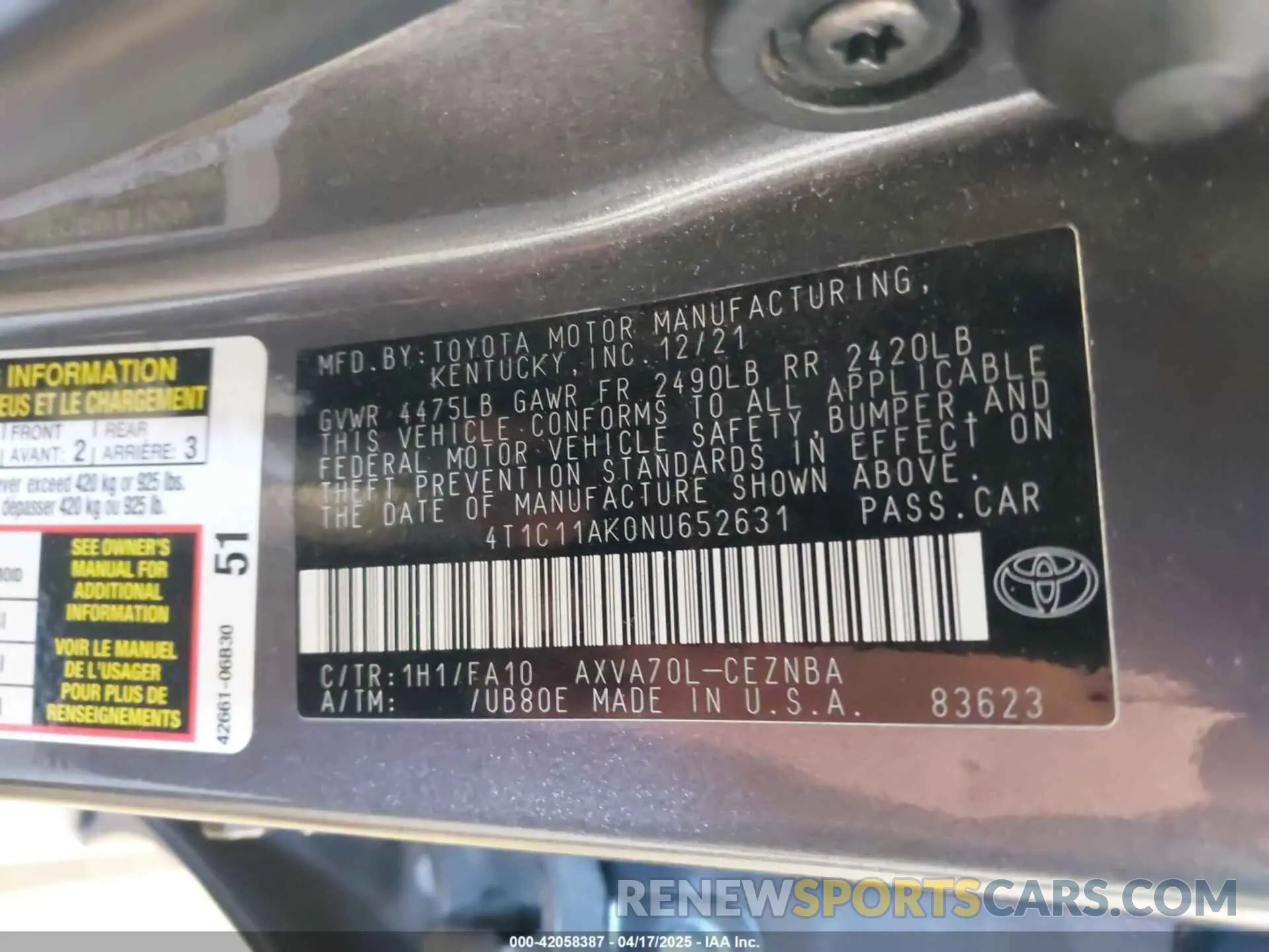 9 fotografías del automóvil dañado 4T1C11AK0NU652631 TOYOTA CAMRY 2022