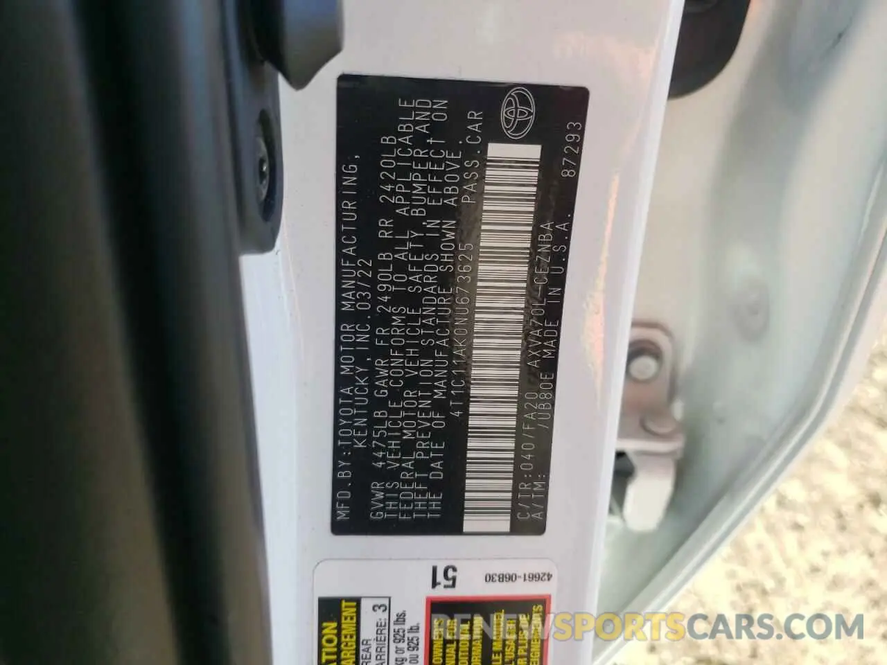 12 fotografías del automóvil dañado 4T1C11AK0NU673625 TOYOTA CAMRY 2022