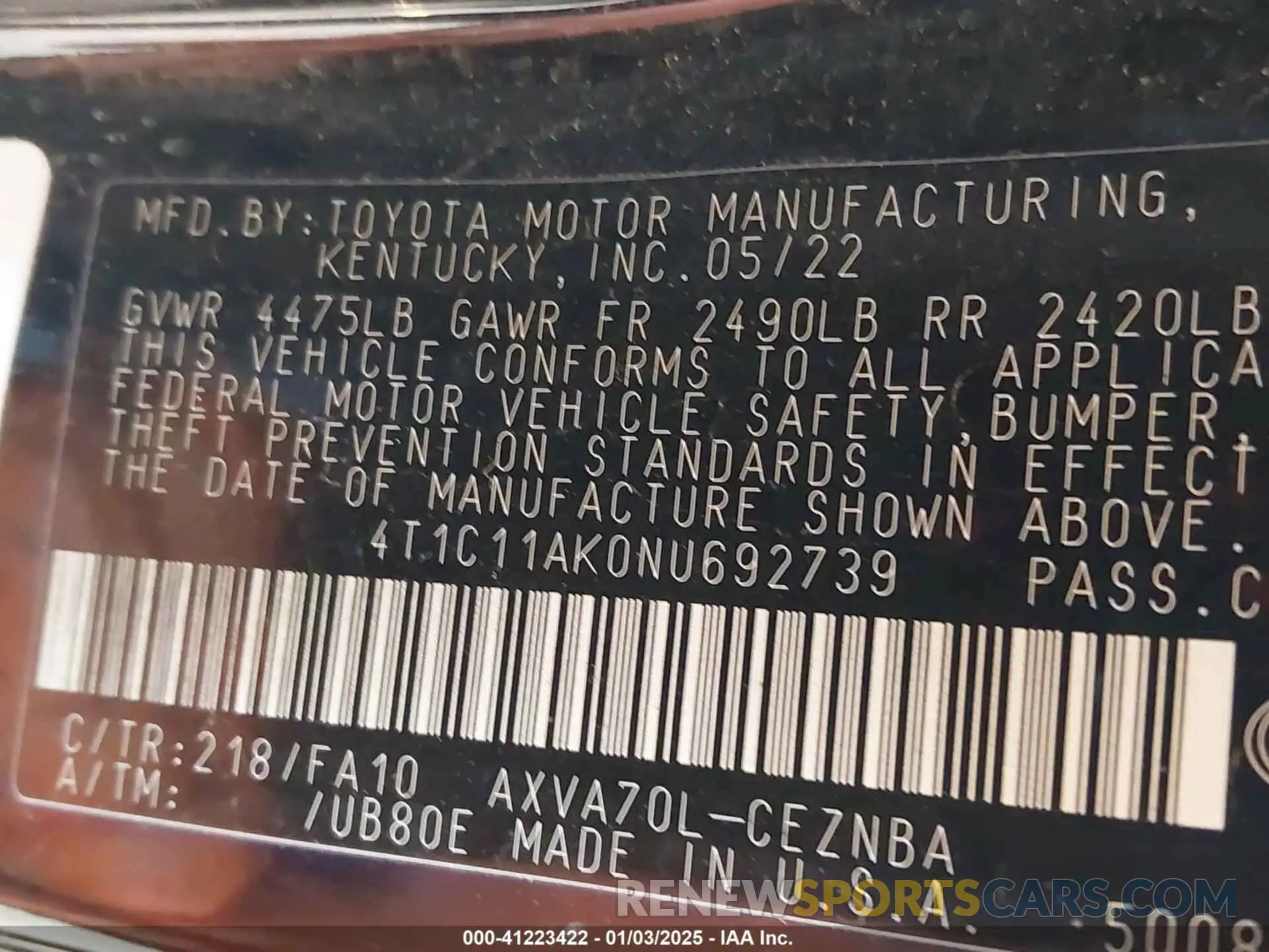 9 fotografías del automóvil dañado 4T1C11AK0NU692739 TOYOTA CAMRY 2022