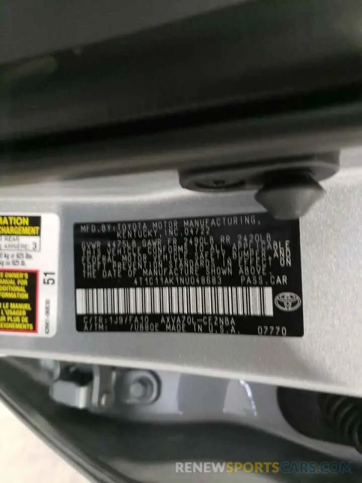 10 fotografías del automóvil dañado 4T1C11AK1NU048683 TOYOTA CAMRY 2022