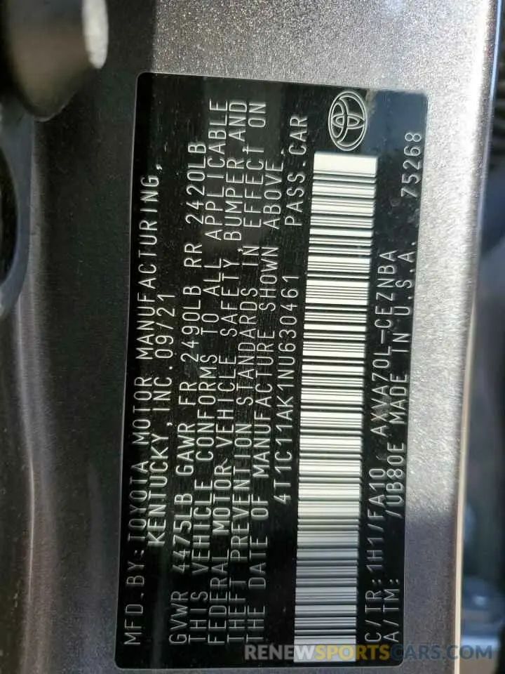 13 fotografías del automóvil dañado 4T1C11AK1NU630461 TOYOTA CAMRY 2022