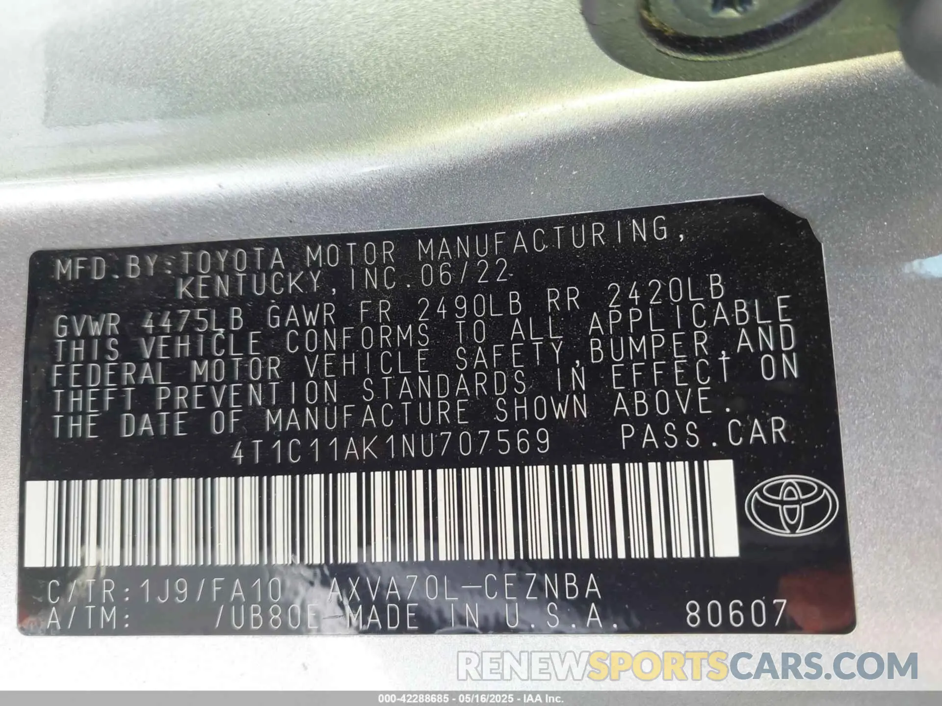 9 fotografías del automóvil dañado 4T1C11AK1NU707569 TOYOTA CAMRY 2022