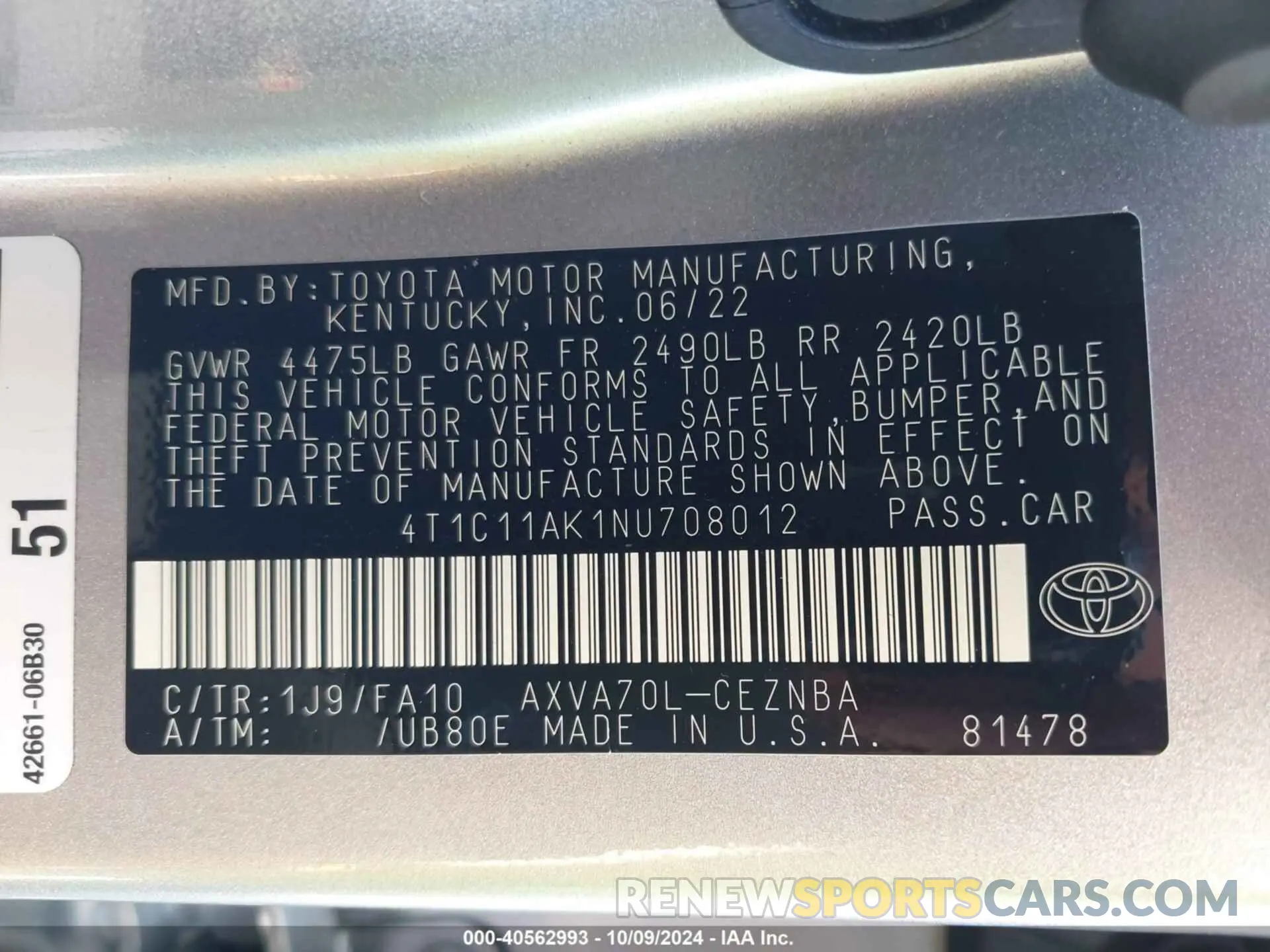 9 fotografías del automóvil dañado 4T1C11AK1NU708012 TOYOTA CAMRY 2022